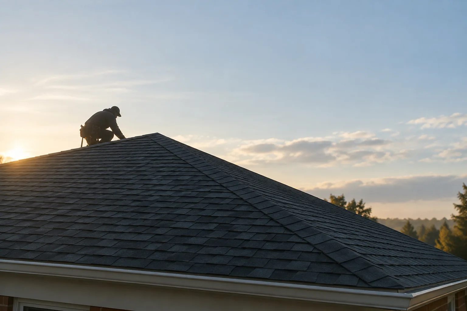 Backlit roofer crouched near a shingle roof ridge
