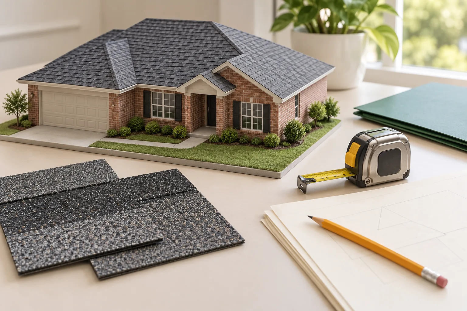 Illustrative house model with shingle samples and planning documents on a desk